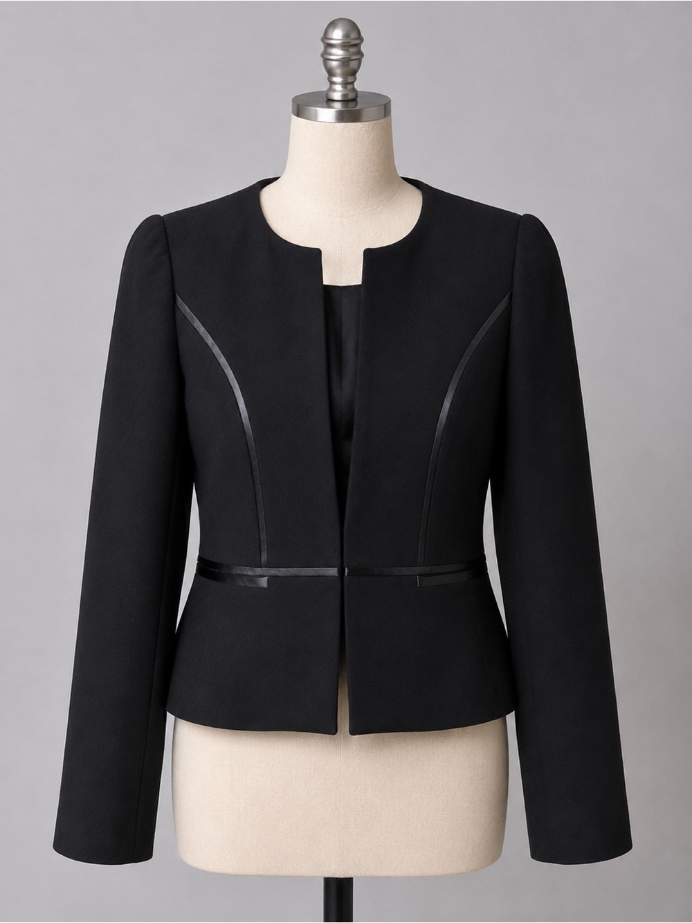 Black Tailored Open-Front Blazer with Subtle Trim